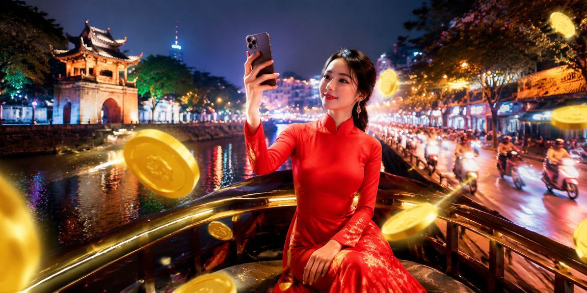 Phụ nữ Hà Nội mặc áo dài đọc phân tích kèo thể thao và xem ưu đãi đăng ký trên điện thoại