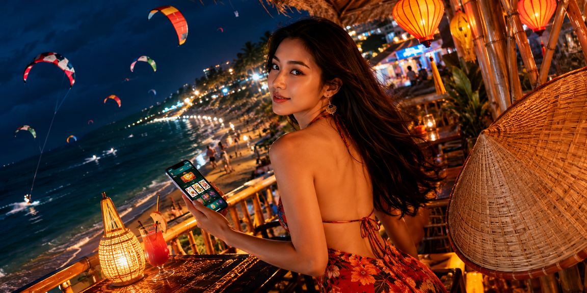 Người phụ nữ đội nón lá tại bãi biển Mũi Né kiểm tra ưu đãi tiền thưởng casino trên điện thoại